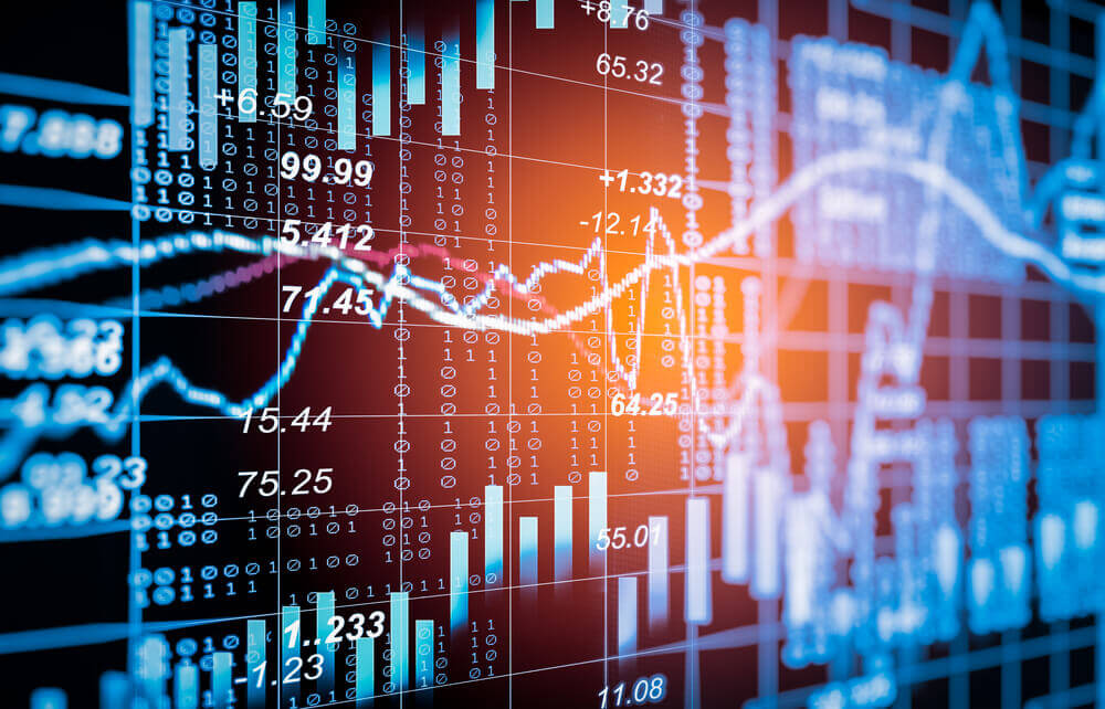 Stock market trading graph and candlestick chart suitable for financial investment concept.