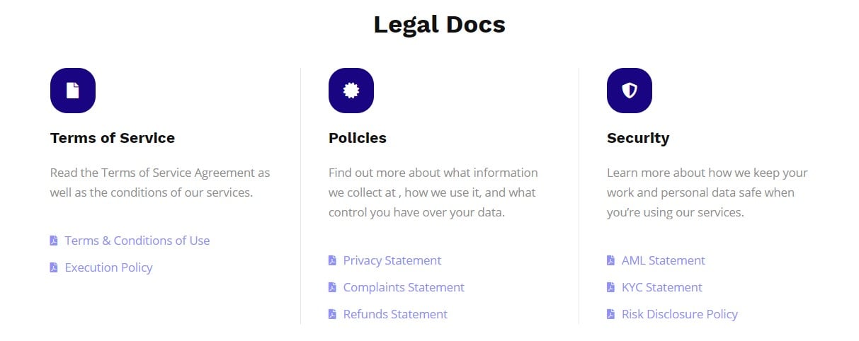 Legal documentation section with icons for Terms of Service, Policies, and Security, detailing service conditions, data privacy, complaints, refunds, and data safety protocols including AML, KYC, and risk disclosure.