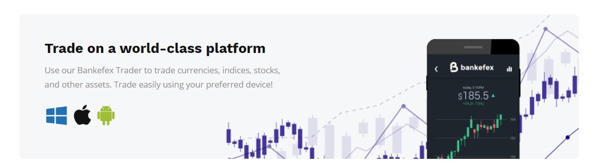 Advertisement for Bankefex Trader, showcasing platform compatibility with Windows, Apple, and Android devices for trading currencies, indices, and stocks, set against a backdrop of stock market charts displayed on a mobile phone.