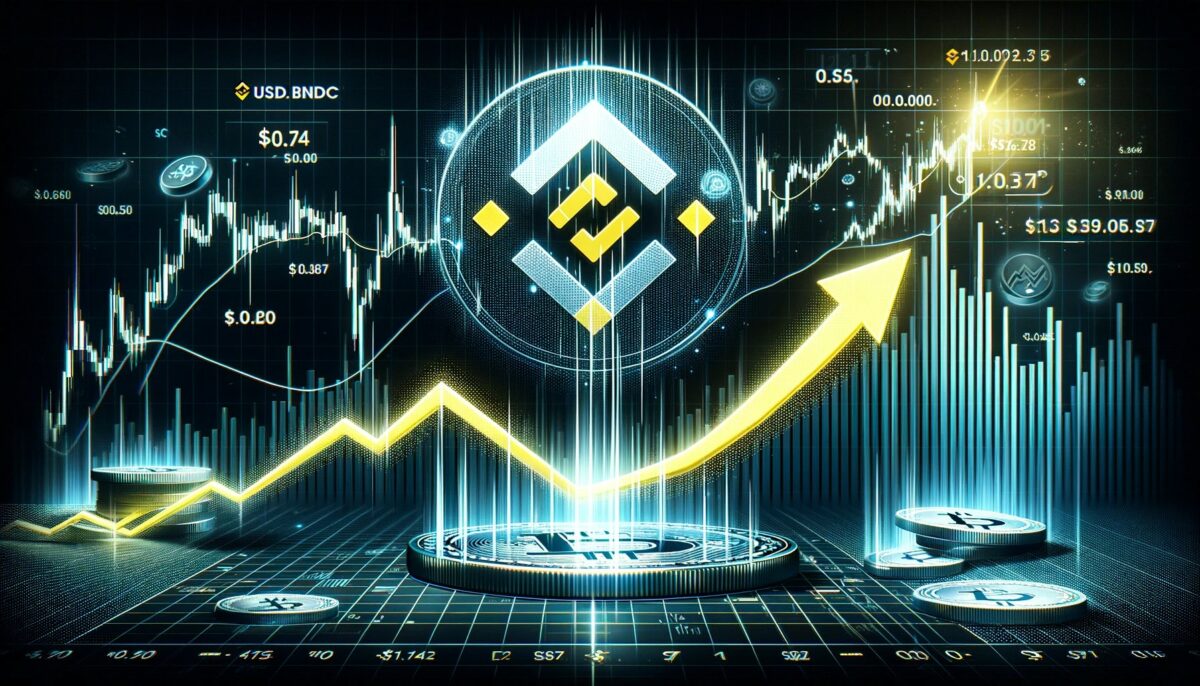 A digital artwork depicting a graph showing the USDC stablecoin's value dropping from $1 to $0.74, then quickly rebounding back to $1 against a backdr